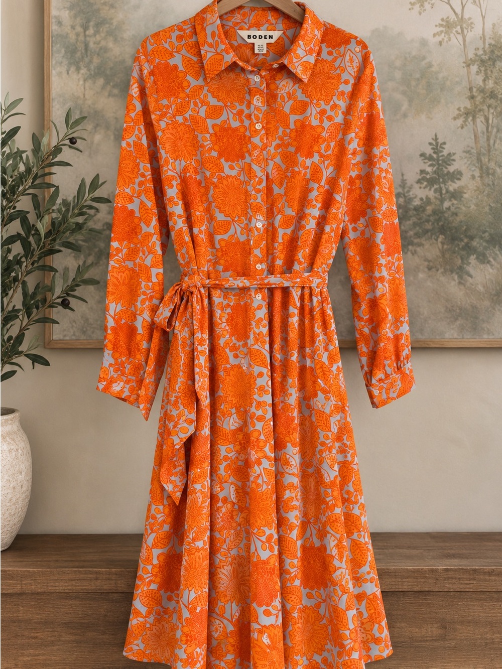 Boden Shirt Dress US 14L Orange Floral Belted